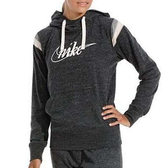 Nike Hoodie Organic Cotton Drawstring Hood Kangaroo Pocket Grey White Stretch - Picture 1 of 5